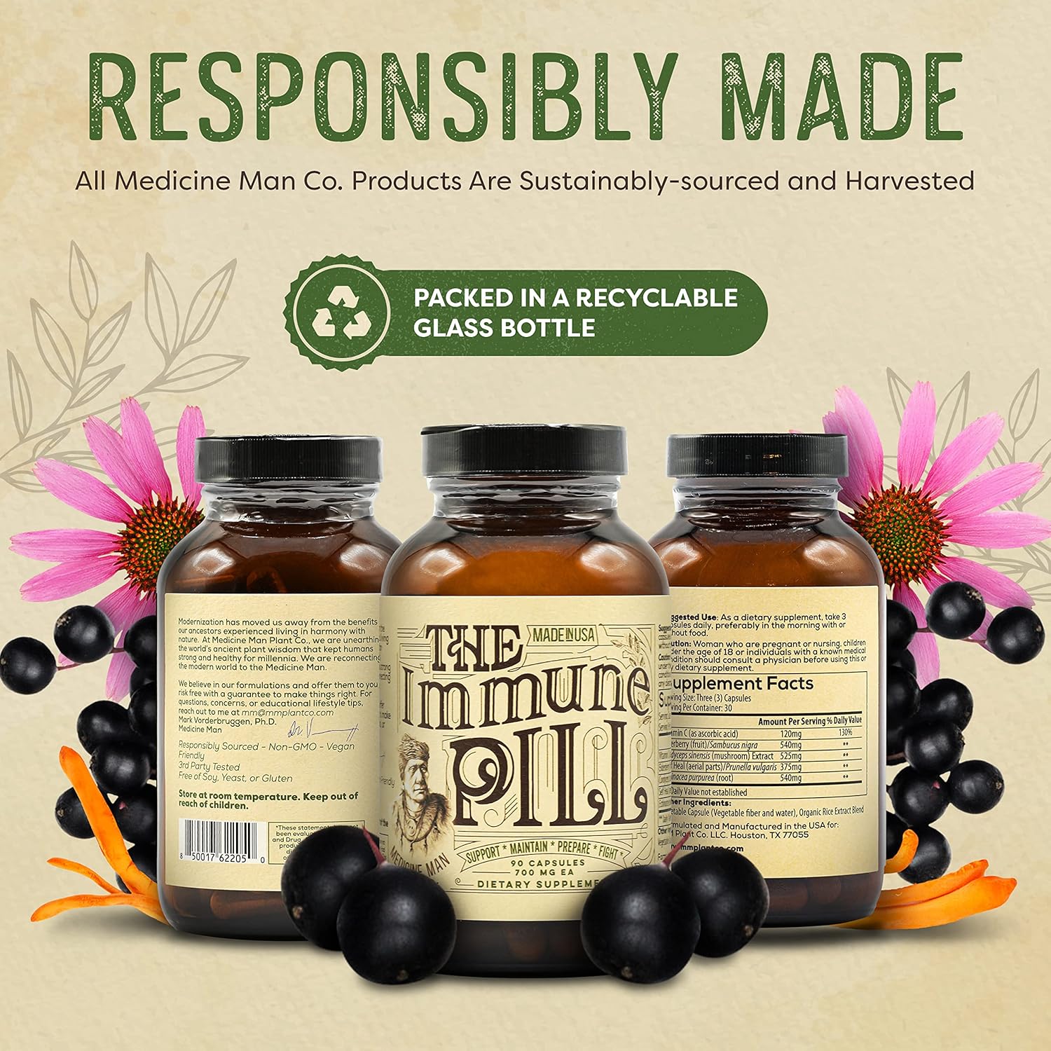 Immune Support Capsules with Vitamin C, Elderberry, Prunella Vulgaris, Echinacea, and Cordyceps - 90 Count - Boosters for Adults & Kids by Medicine Man Plant Co