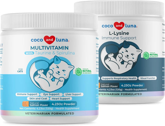 Immune Support Cat Supplement with Lysine, Multivitamins, EPA, DHA, Taurine, and Spirulina for Skin, Coat, and Eye Health