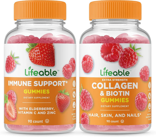 Immune Support, Collagen & Biotin Gummies Bundle - Delicious Vitamin Supplement, Gluten & GMO Free Chewables