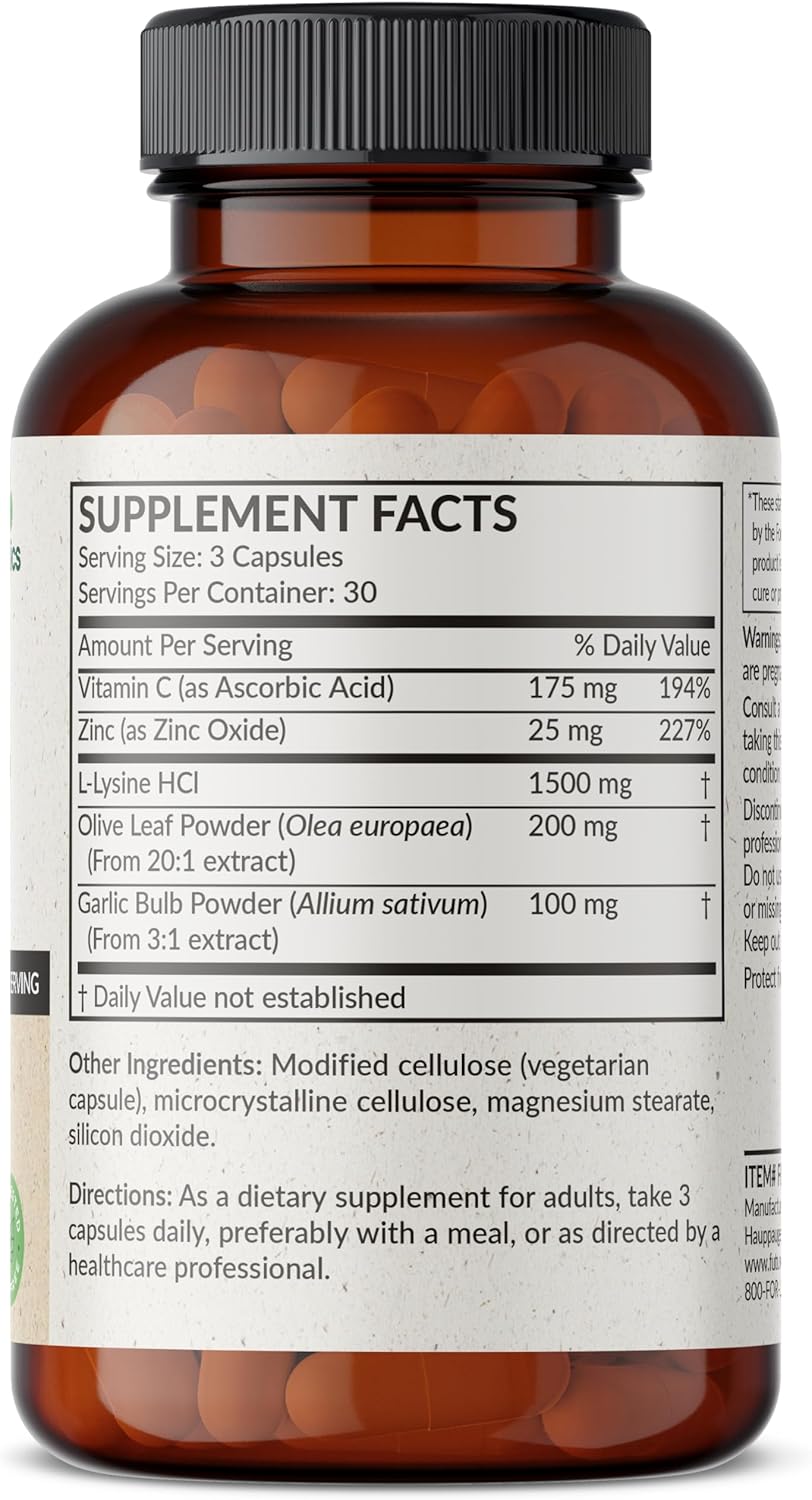Immune Support Complex with L-Lysine, Vitamin C, Zinc, Olive Leaf & Garlic - 1500 MG, Non-GMO, 90 Capsules