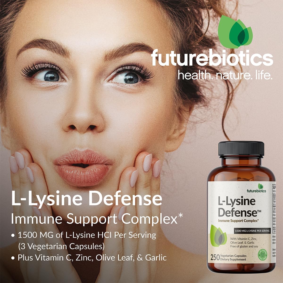 Immune Support Complex with L-Lysine, Vitamin C, Zinc, Olive Leaf & Garlic - 1500 MG, Non-GMO, 90 Capsules