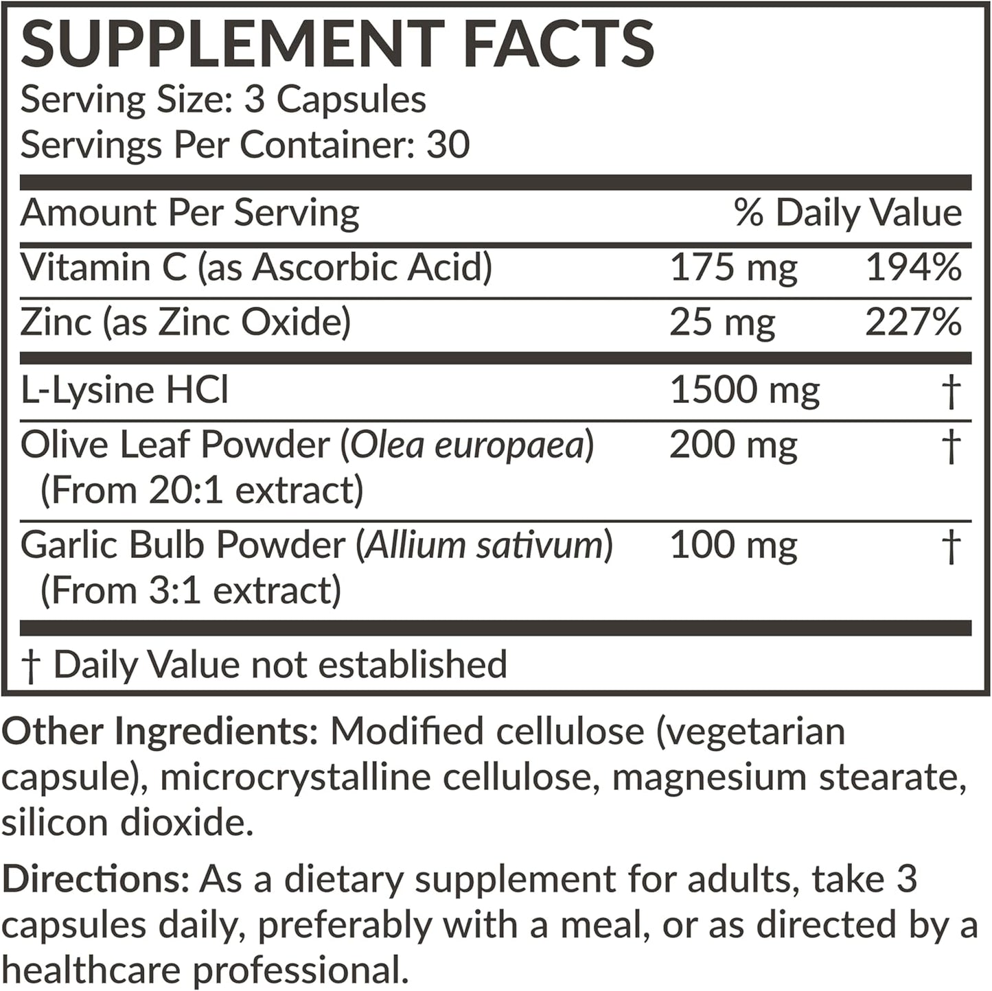 Immune Support Complex with L-Lysine, Vitamin C, Zinc, Olive Leaf & Garlic - 1500 MG, Non-GMO, 90 Capsules