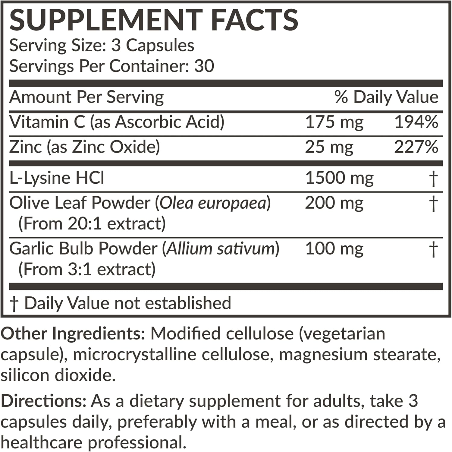 Immune Support Complex with L-Lysine, Vitamin C, Zinc, Olive Leaf & Garlic - 1500 MG, Non-GMO, 90 Capsules