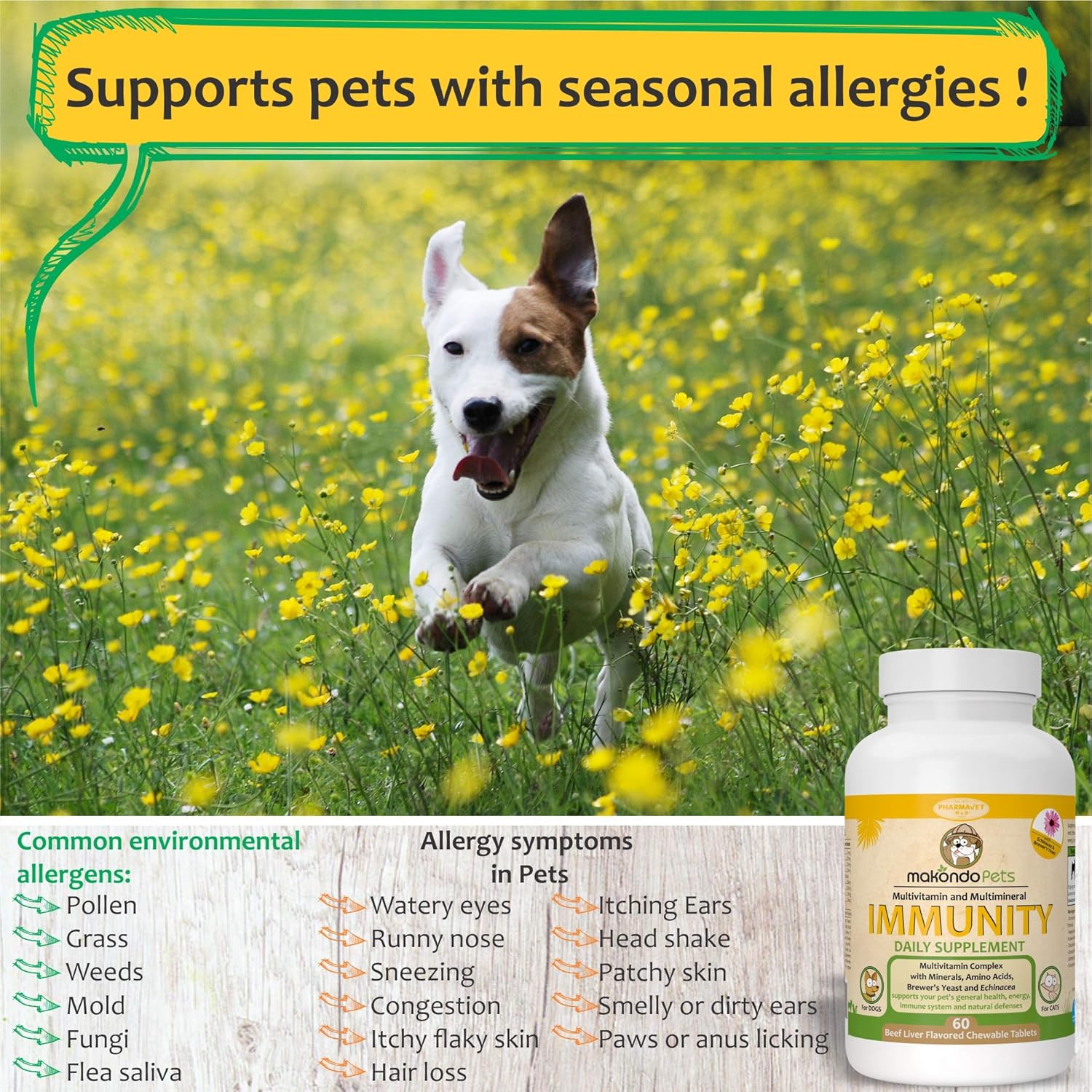 Immune Support Dog Supplement with Vitamins, Minerals, Echinacea & Brewers Yeast - Allergy Relief for Dogs - Immunity Health Supplies for Pets - Itch Relief Vitamins & Supplements