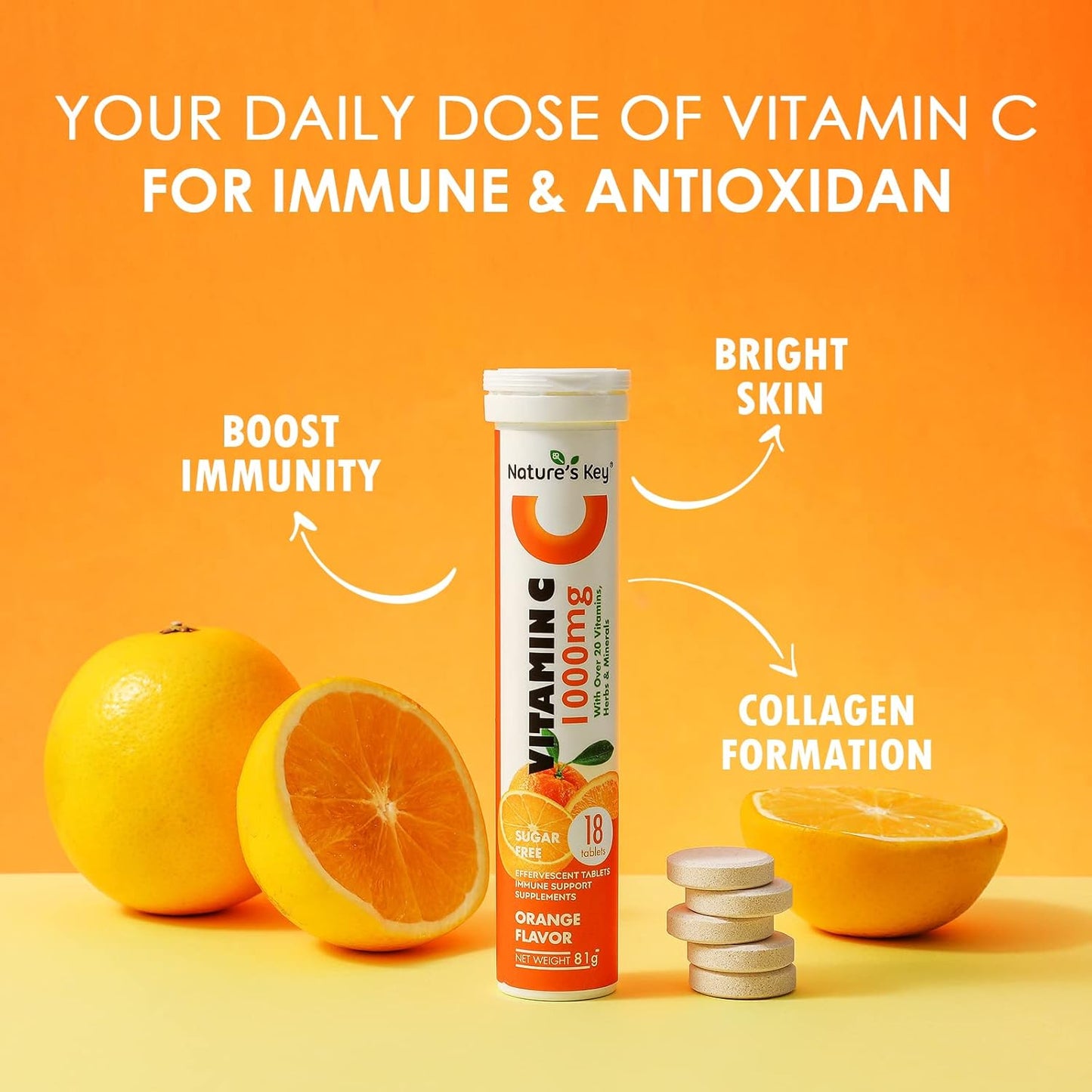 Immune Support Effervescent Tablets with Vitamin C 1000mg, 20+ Vitamins, Herbs & Minerals, Orange Flavor, 72 Count