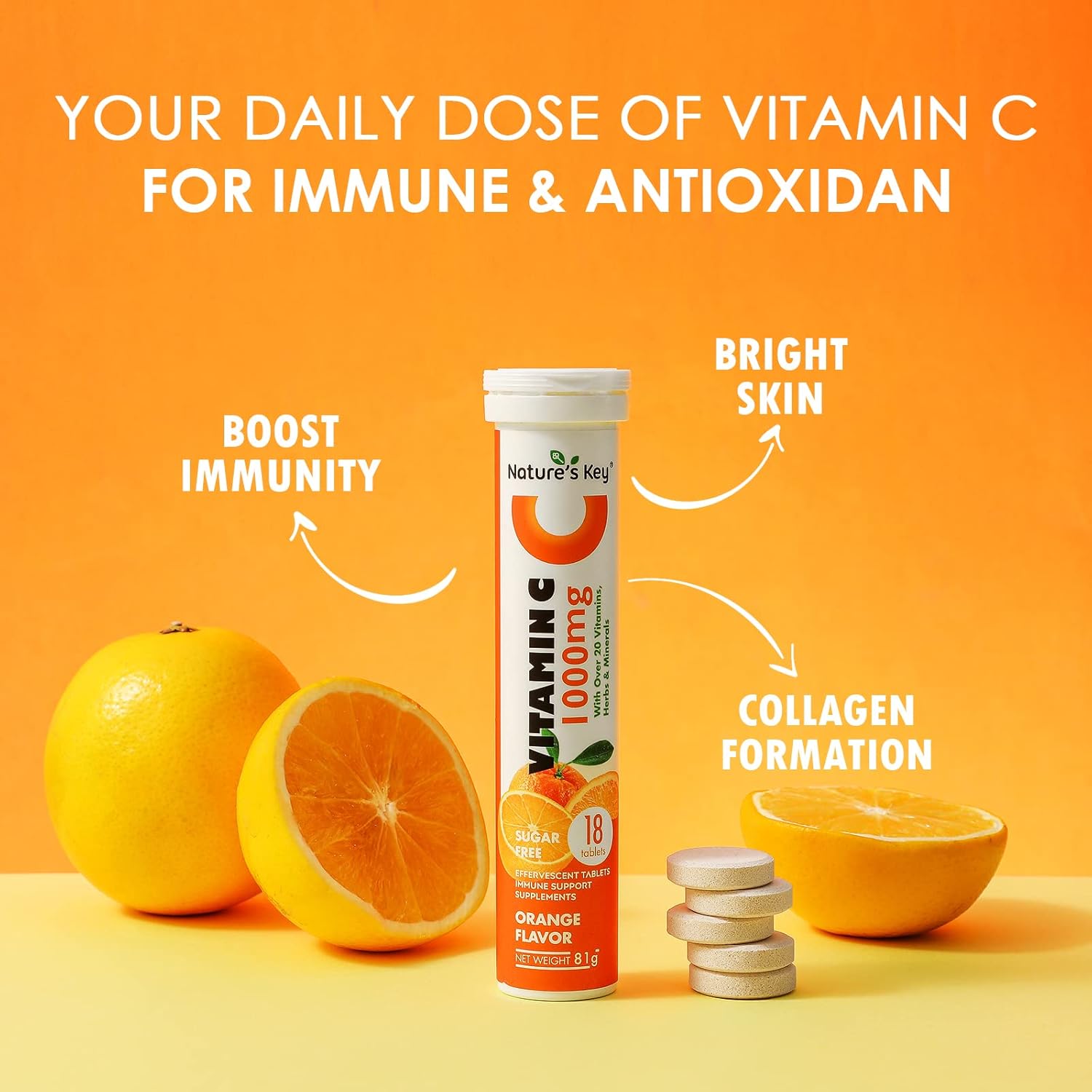 Immune Support Effervescent Tablets with Vitamin C 1000mg, 20+ Vitamins, Herbs & Minerals, Orange Flavor, 72 Count