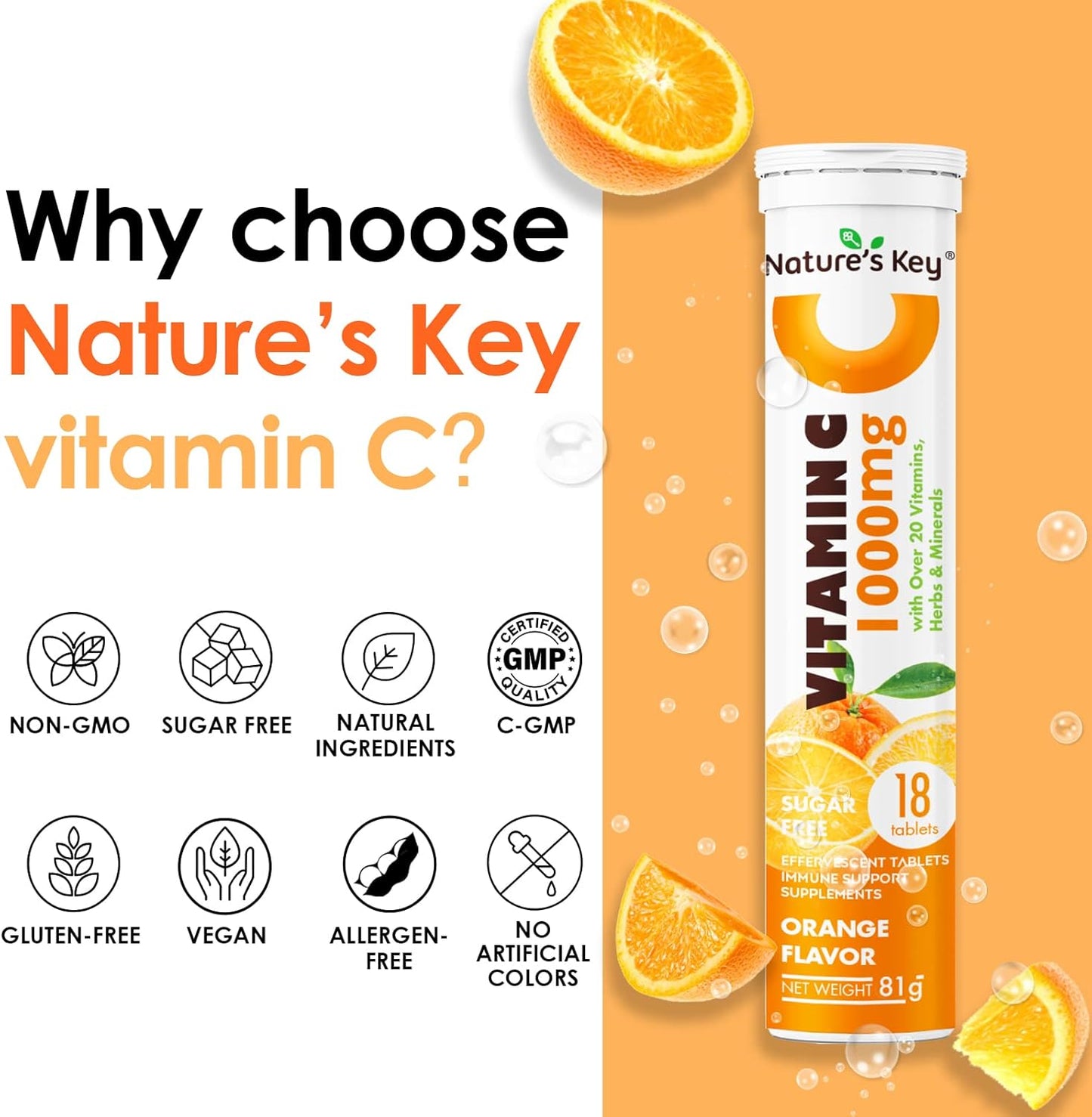 Immune Support Effervescent Tablets with Vitamin C 1000mg, 20+ Vitamins, Herbs & Minerals, Orange Flavor, 72 Count