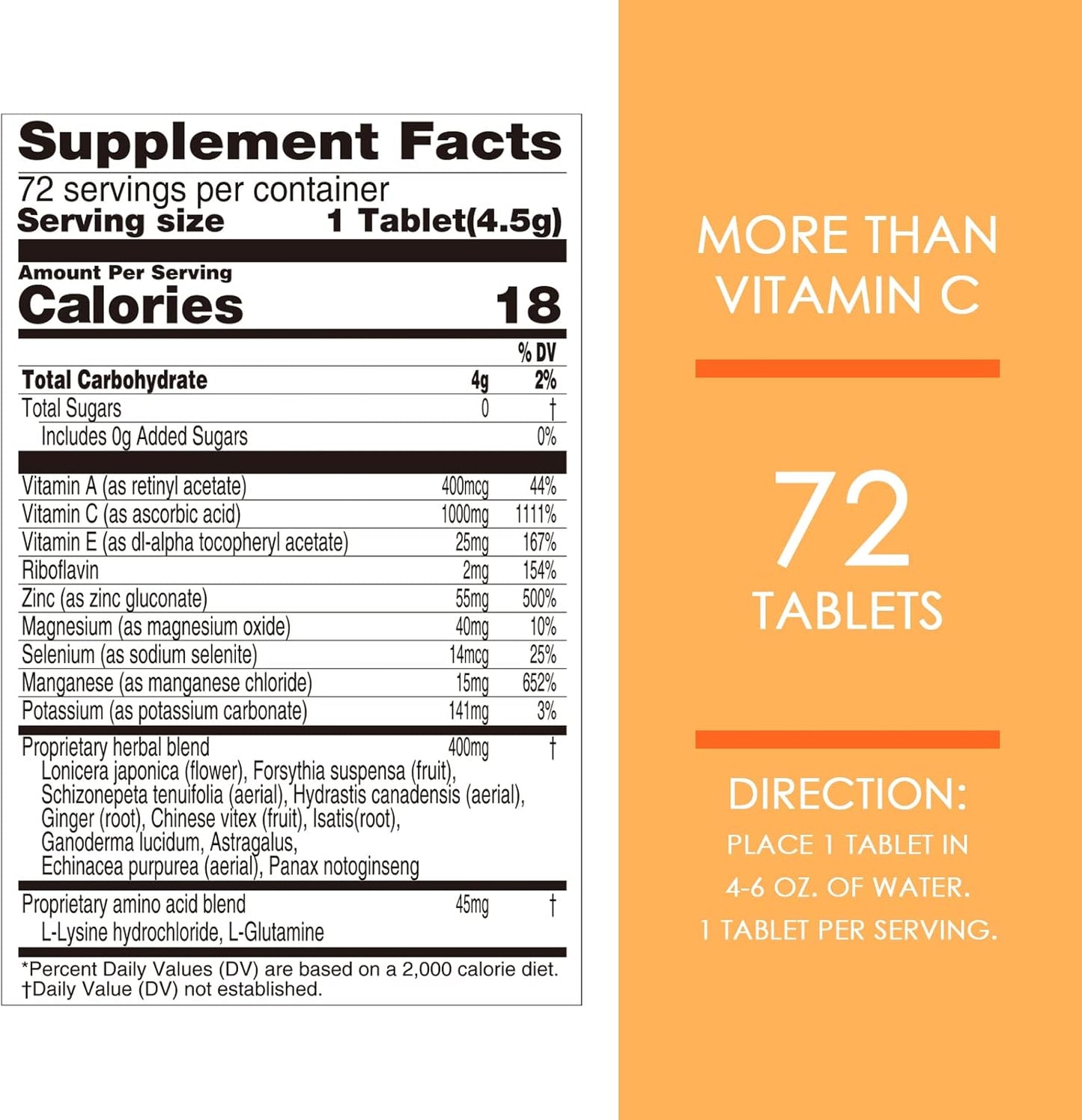 Immune Support Effervescent Tablets with Vitamin C 1000mg, 20+ Vitamins, Herbs & Minerals, Orange Flavor, 72 Count