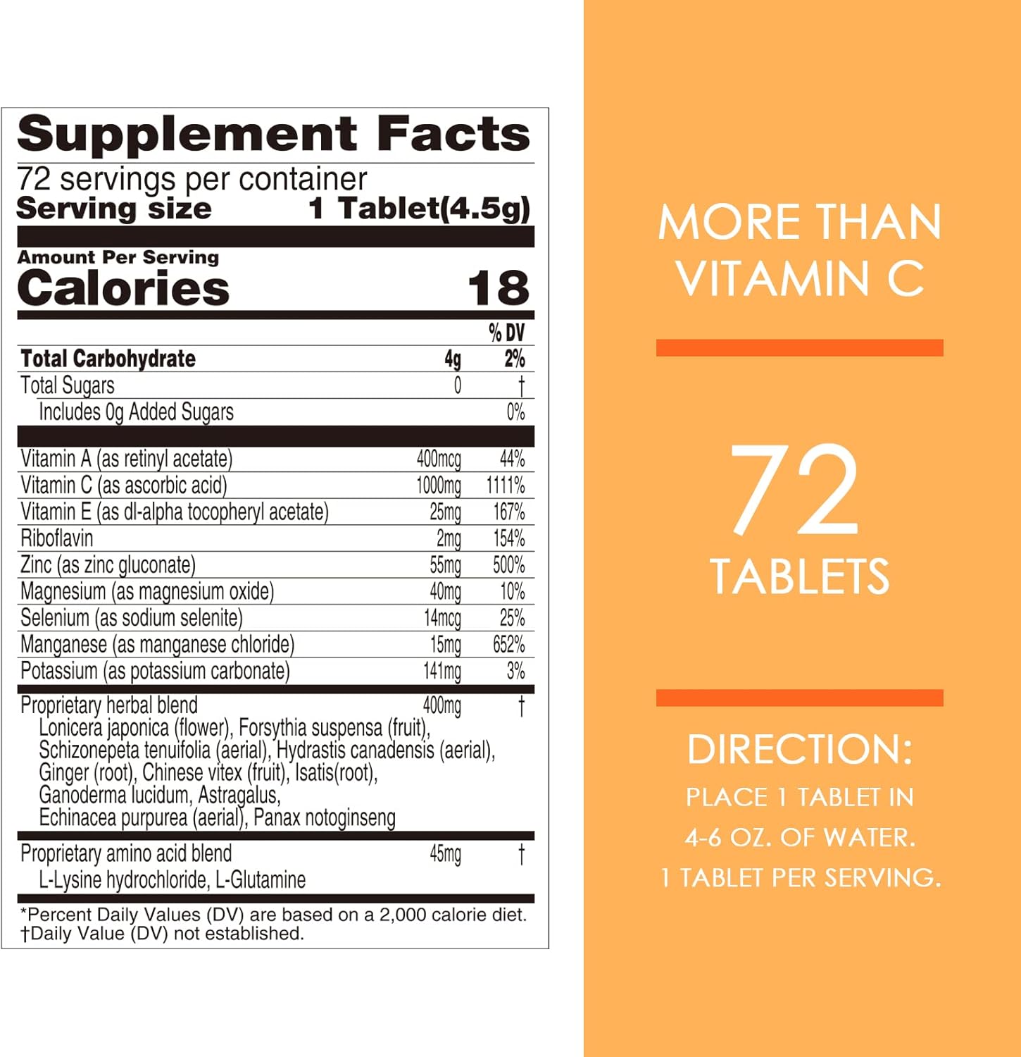 Immune Support Effervescent Tablets with Vitamin C 1000mg, 20+ Vitamins, Herbs & Minerals, Orange Flavor, 72 Count