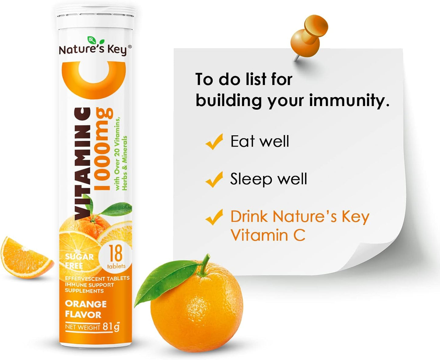 Immune Support Effervescent Tablets with Vitamin C 1000mg, 20+ Vitamins, Herbs & Minerals, Orange Flavor, 72 Count