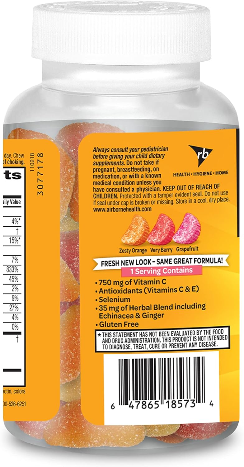 Immune Support Gummies - Airborne Vitamin C 750mg, Assorted Fruit, Gluten-Free (42 Count)