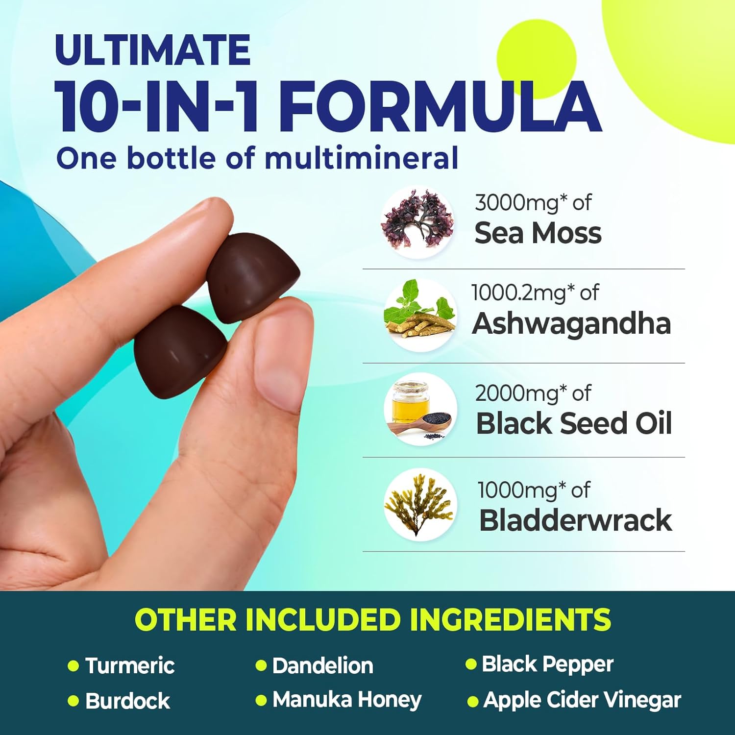Immune Support Gummies with Sea Moss, Ashwagandha, Black Seed Oil, Bladderwrack, Burdock, Turmeric, Apple Cider Vinegar, Manuka Honey - 120 Count