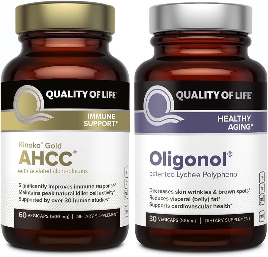 Immune Support Healthy Aging Bundle with Kinoko Gold AHCC and Oligonol Lychee Extract - Enhance Quality of Life