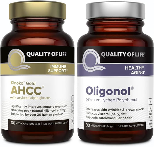 Immune Support Healthy Aging Bundle with Kinoko Gold AHCC and Oligonol Lychee Extract - Enhance Quality of Life