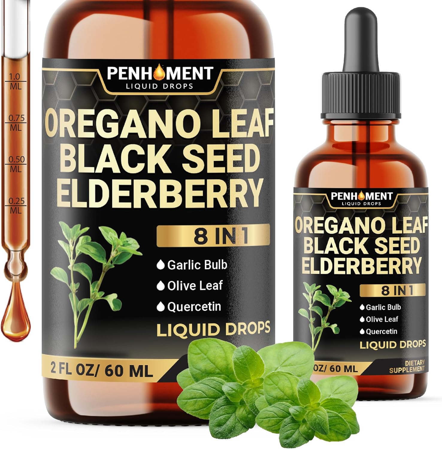 Immune Support Liquid Drops with Oregano Oil, Black Seed Oil, Elderberry, and More - 2 Fl Oz