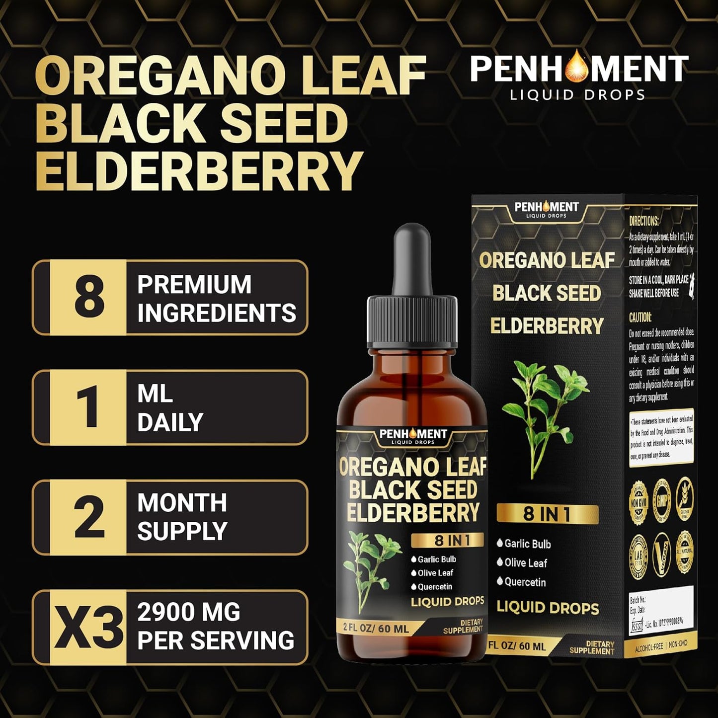 Immune Support Liquid Drops with Oregano Oil, Black Seed Oil, Elderberry, and More - 2 Fl Oz