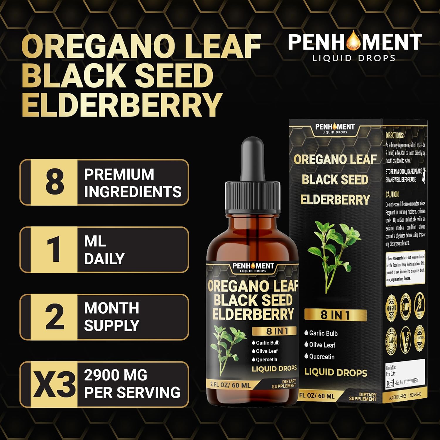 Immune Support Liquid Drops with Oregano Oil, Black Seed Oil, Elderberry, and More - 2 Fl Oz