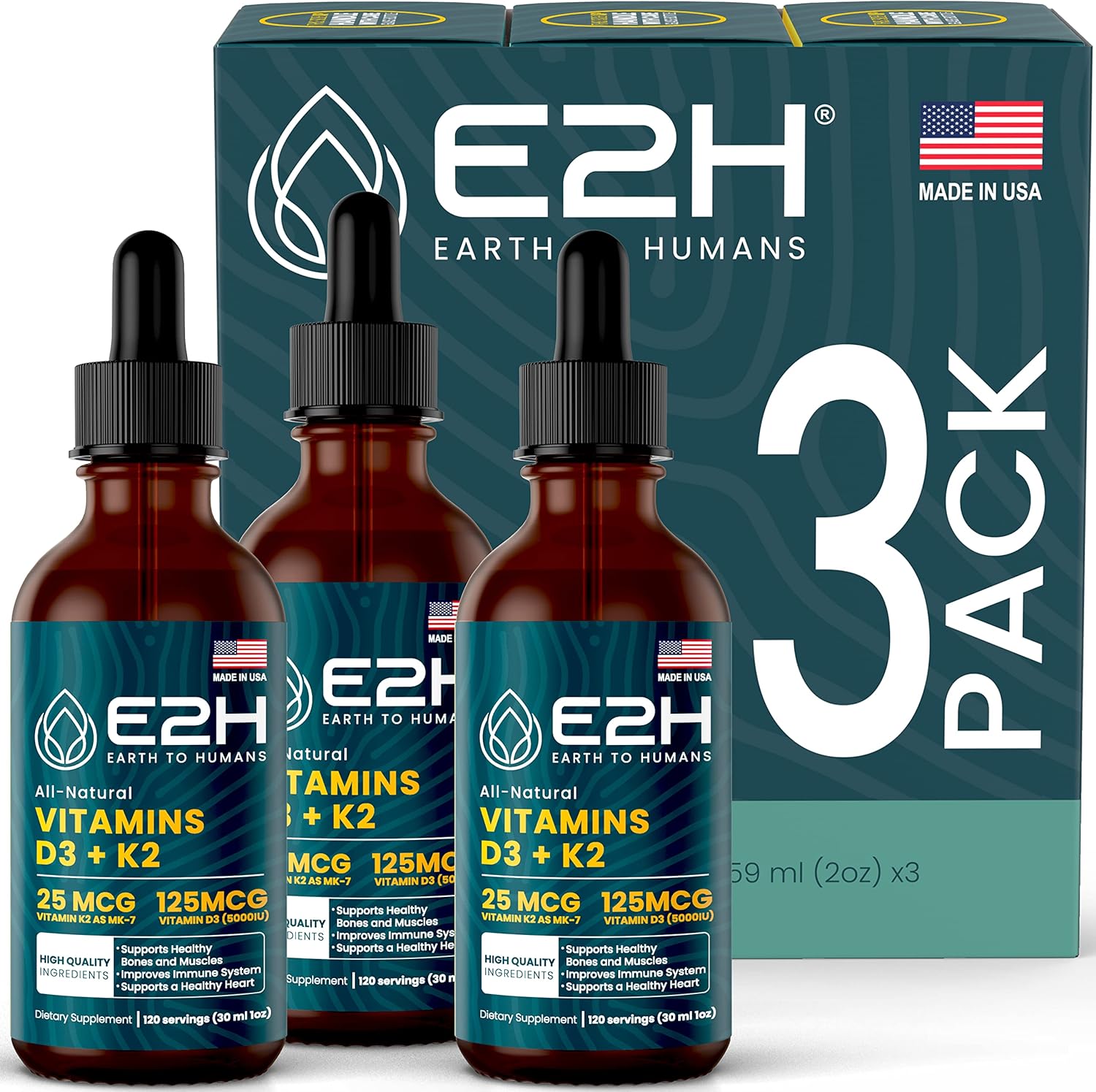 Immune Support Liquid Vitamin D3 & K2 Supplement - 5000 IU, Non-GMO, Vegan - Made in USA (3 Bottles)