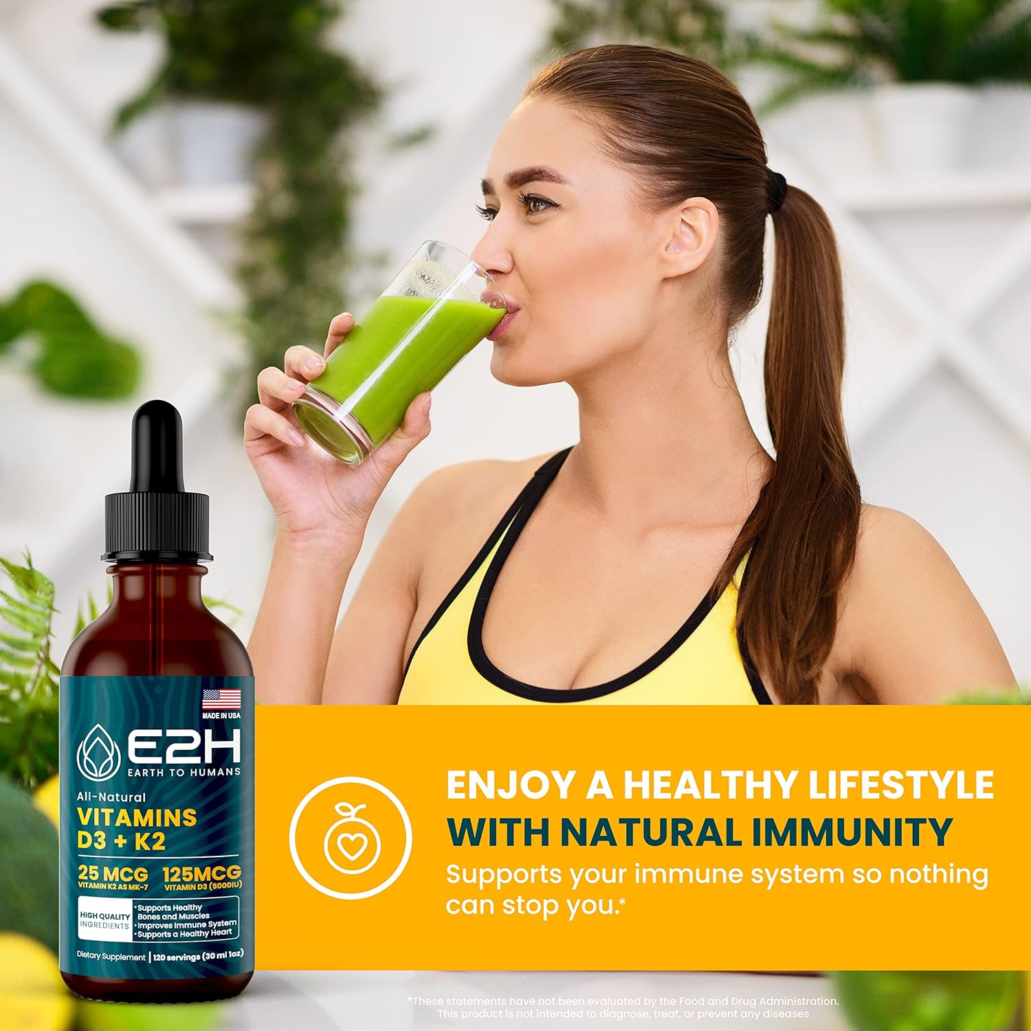 Immune Support Liquid Vitamin D3 & K2 Supplement - 5000 IU, Non-GMO, Vegan - Made in USA (3 Bottles)
