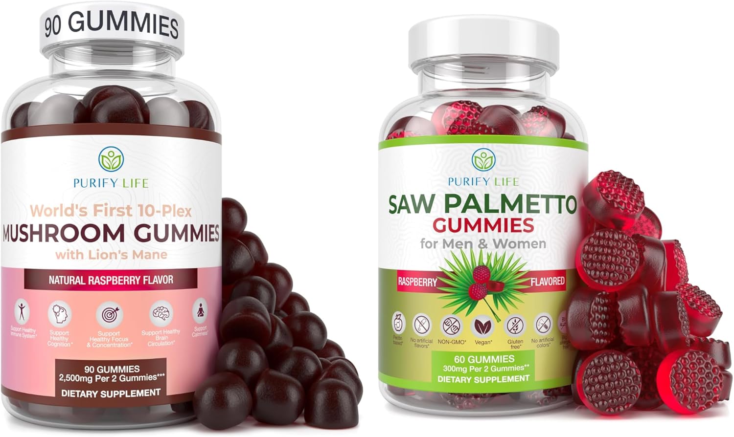 Immune Support Mushroom Complex & Saw Palmetto Gummies Bundle - Prostate and Hair Growth Supplements for Men and Women