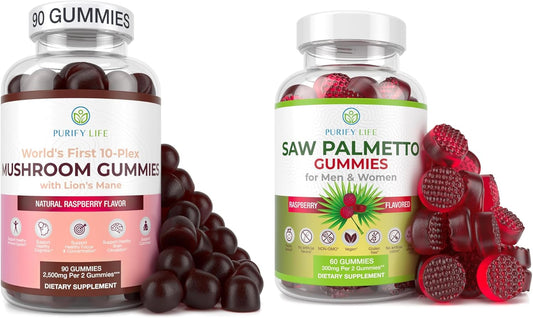 Immune Support Mushroom Complex & Saw Palmetto Gummies Bundle - Prostate and Hair Growth Supplements for Men and Women
