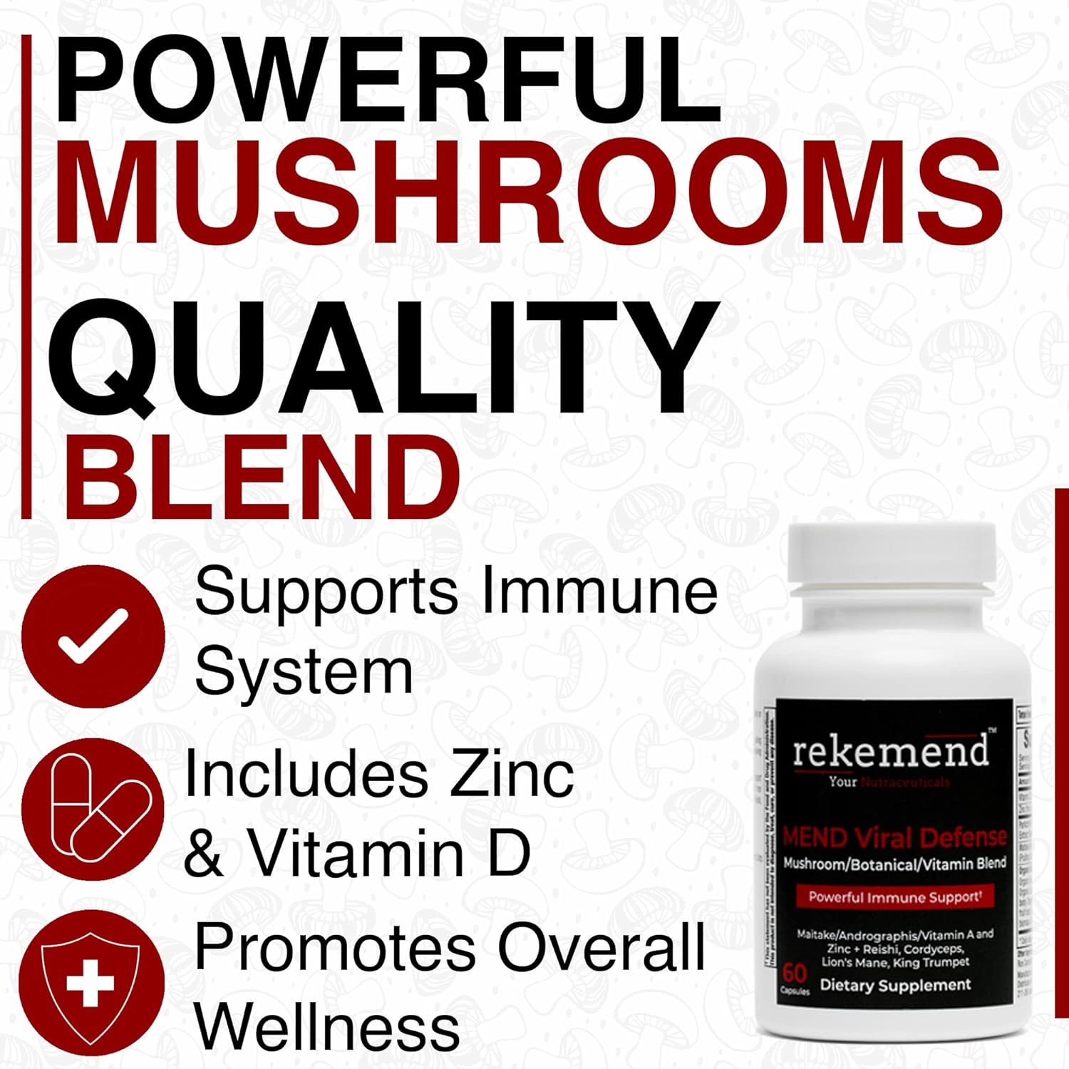 Immune Support Mushroom Supplement with Lions Mane, Cordyceps, and Reishi Extracts - 60 Capsules