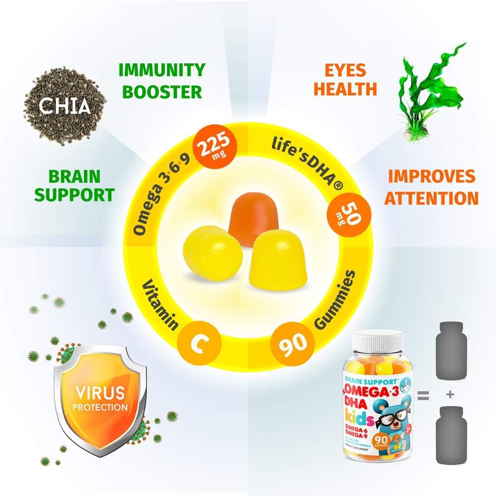 Immune Support Omega 3 DHA & Vitamin C Gummies for Kids & Adults - Low-Sugar Chewable Supplement for Toddlers, Vegetarian & Gelatin-Free