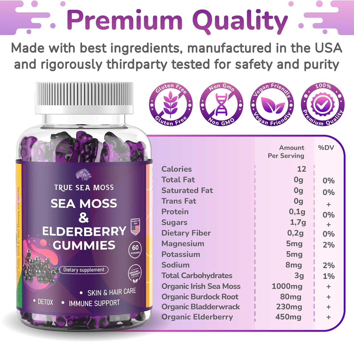 Immune Support Sea Moss Gummies with Elderberry for Adults & Kids, Irish Sea Moss, Burdock Root, Bladderwrack, 120 Gel Gummies for Energy, Pack of 2