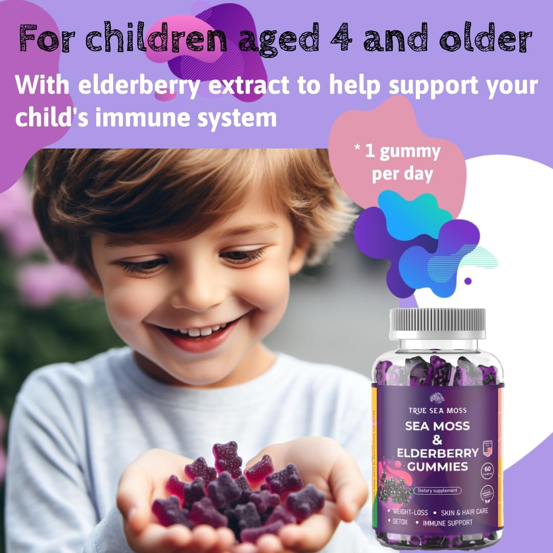 Immune Support Sea Moss Gummies with Elderberry for Adults & Kids, Irish Sea Moss, Burdock Root, Bladderwrack, 120 Gel Gummies for Energy, Pack of 2