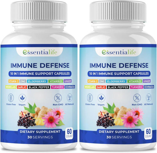 Immune Support Supplement Bundle: Elderberry, Echinacea, Vitamin D, Vitamin C 1000mg & Zinc - 2 Packs of 120 Capsules - Immune Booster for Adults by Essentialife