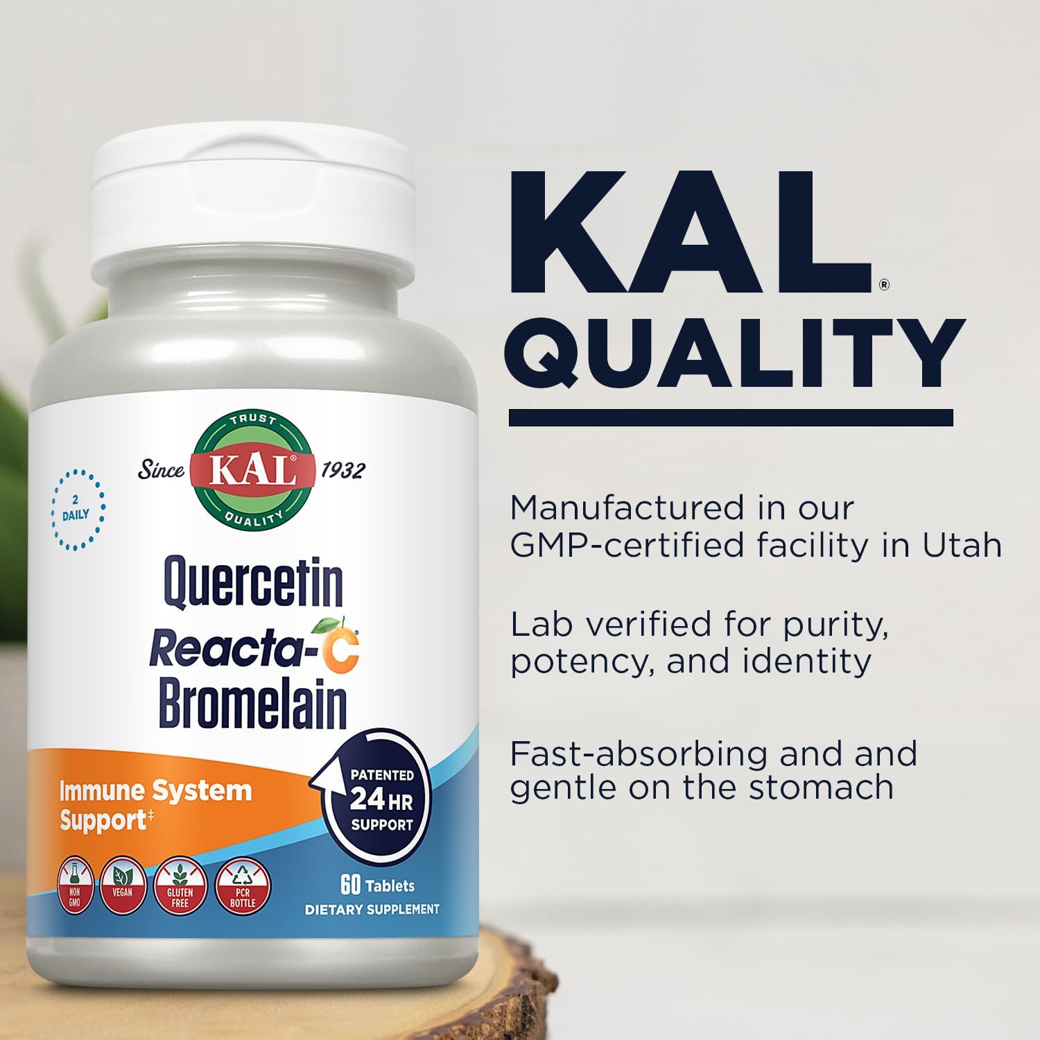 Immune Support Supplement with Quercetin, Vitamin C, and Bromelain - Vegan, Gluten Free, 60 Tablets - 30 Servings, 24 Hour Defense