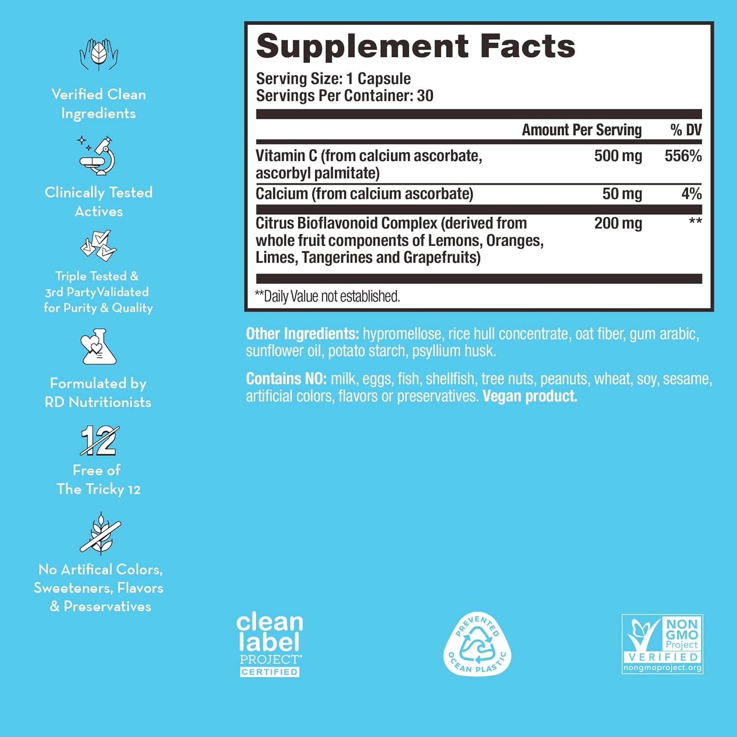 Immune Support Supplement with Vitamin C & Citrus Bioflavonoids - Promotes Healthy Skin, Lung Health, and Immune Function - 30 Vegan Capsules