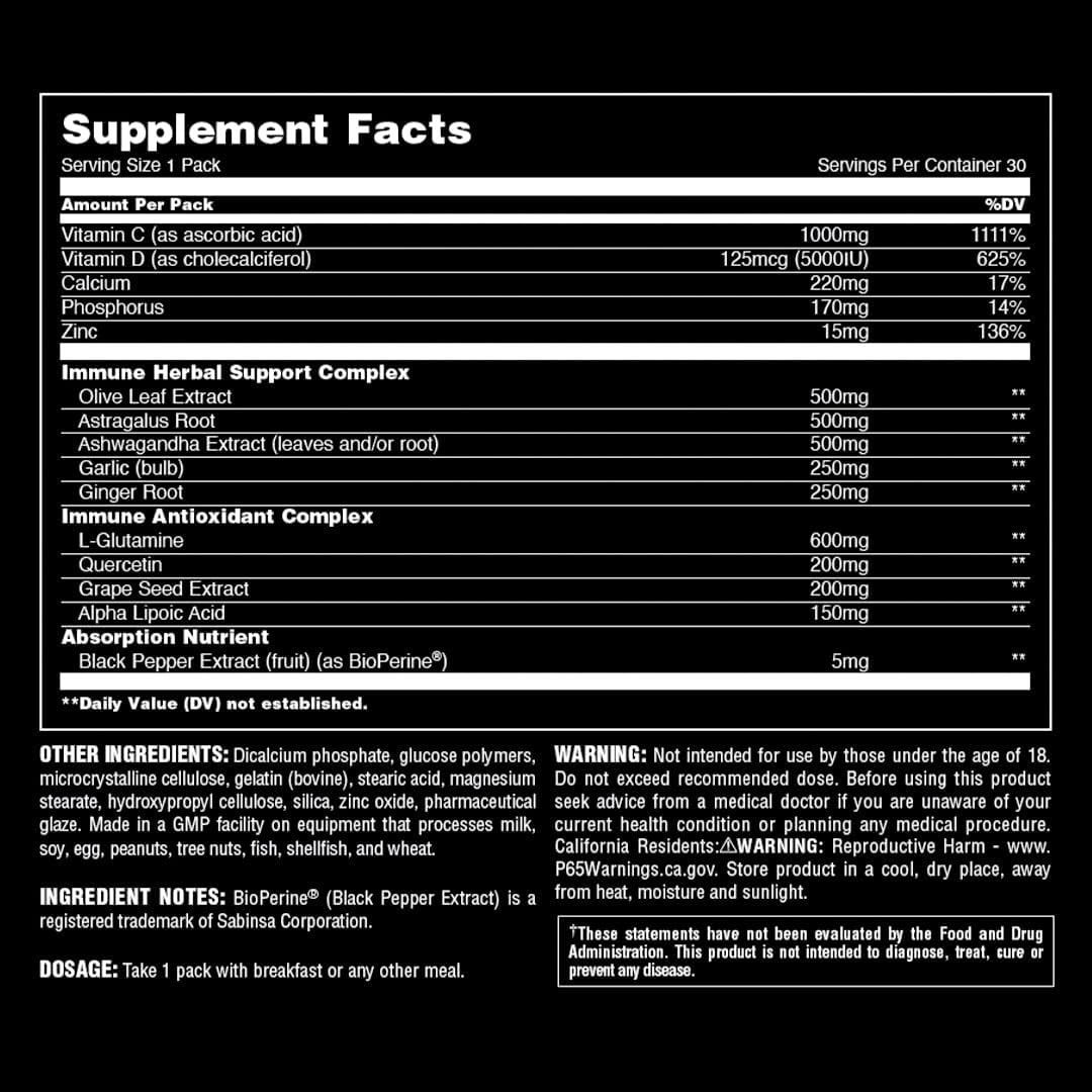 Immune Support Supplements - Vitamin C, D, Zinc, Olive Leaf Extract, Black Pepper, 30 Pack
