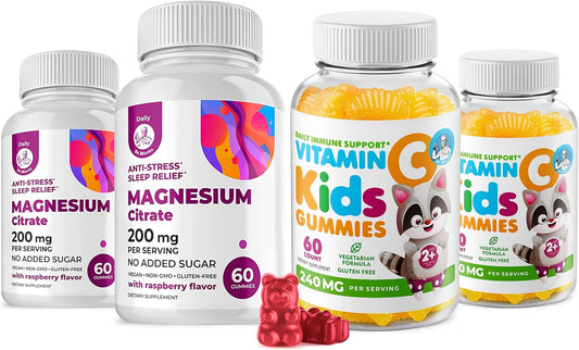 Immune Support Vitamin C & Magnesium Gummies 120 Count for Kids & Adults - Low-Sugar Chewable Supplement with Calming Magnesium for Toddlers - Sugar-Free