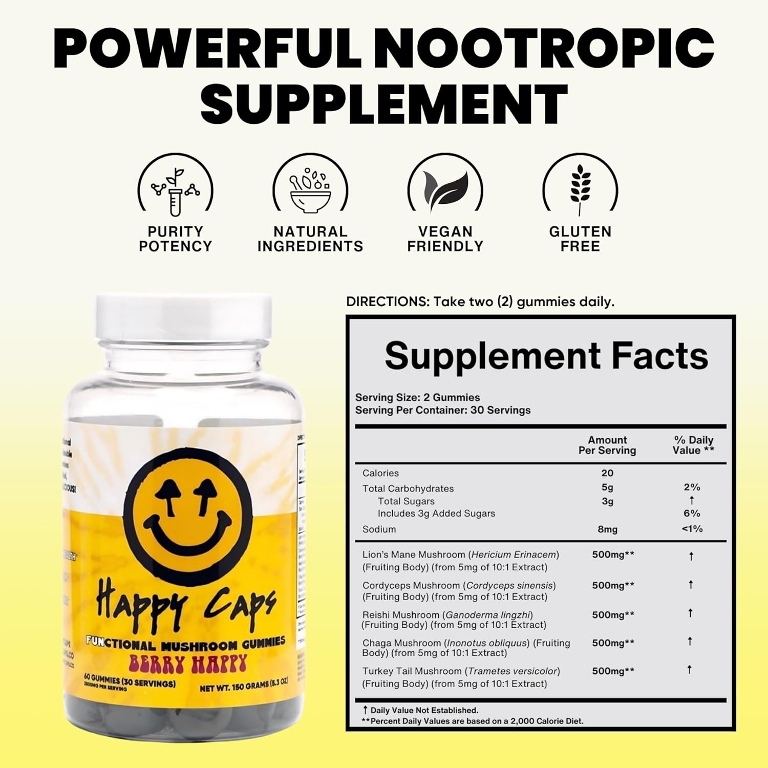 Immune System Boosting Mushroom Gummies - Lions Mane, Cordyceps, Chaga, Reishi - Nootropic Brain Supplement - 60 Gummies
