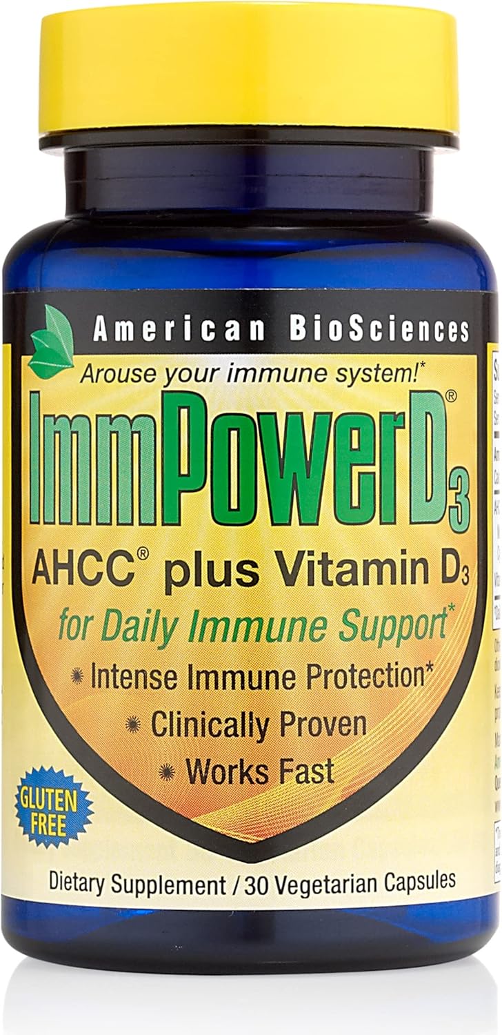 Immune System Support: American BioSciences AHCC Mushroom Extract with Vitamin D3 - 30 Capsules, 500mg AHCC - Boosts Cytokine Function