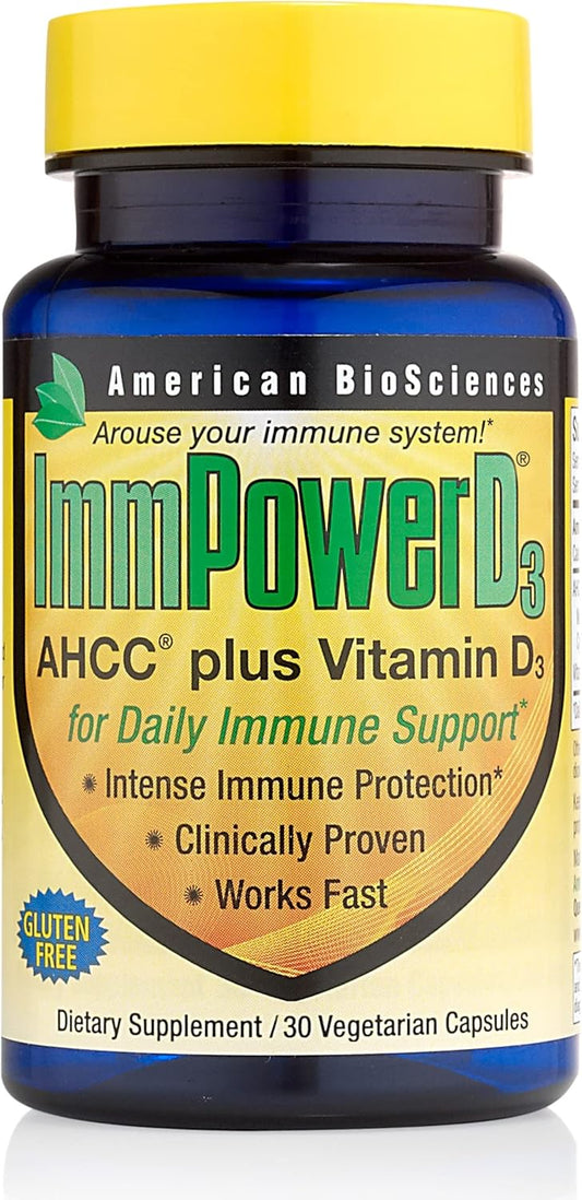 Immune System Support: American BioSciences AHCC Mushroom Extract with Vitamin D3 - 30 Capsules, 500mg AHCC - Boosts Cytokine Function