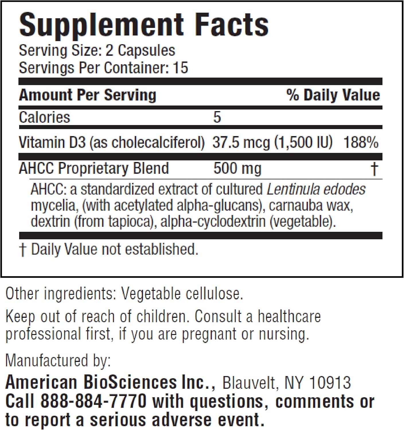 Immune System Support: American BioSciences AHCC Mushroom Extract with Vitamin D3 - 30 Capsules, 500mg AHCC - Boosts Cytokine Function