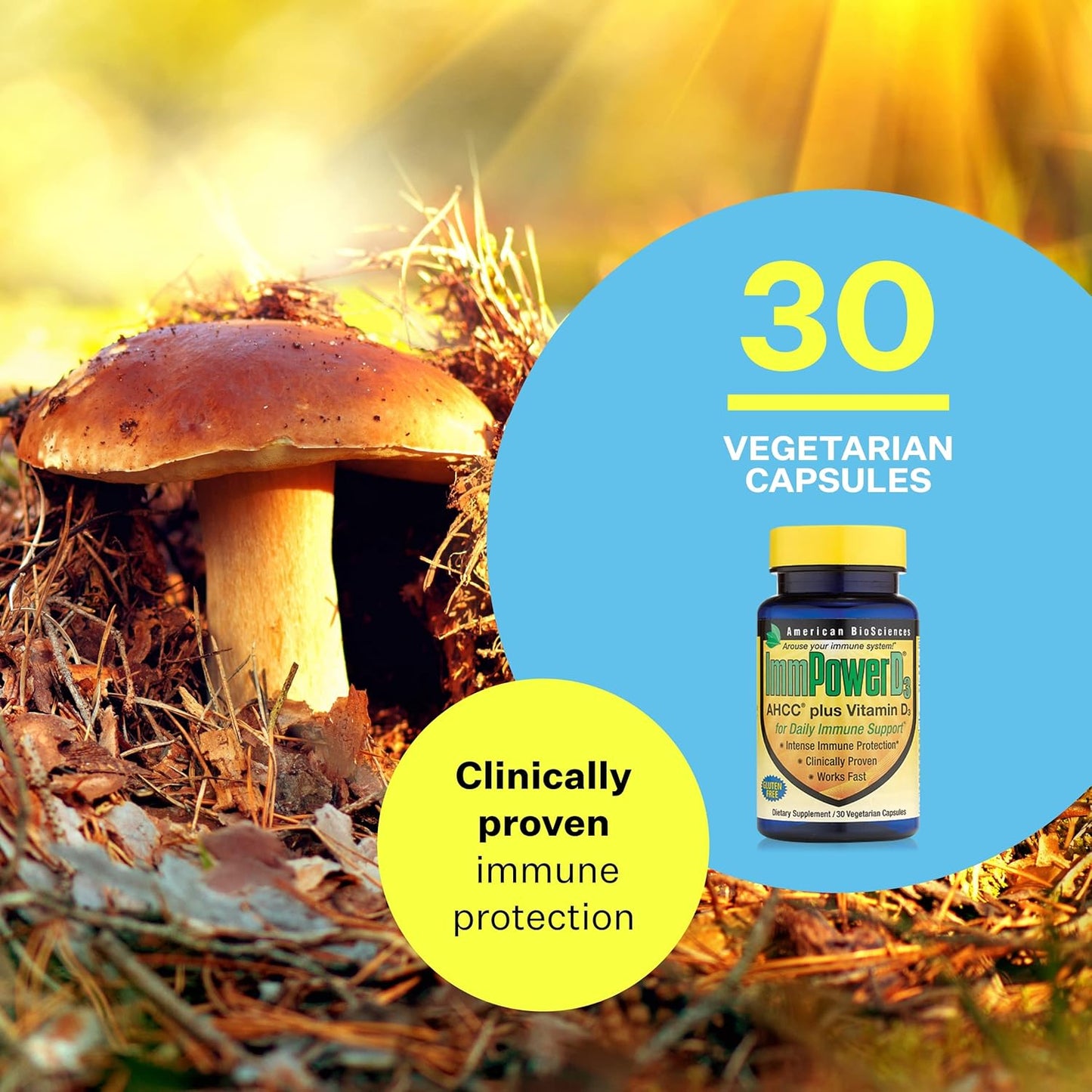 Immune System Support: American BioSciences AHCC Mushroom Extract with Vitamin D3 - 30 Capsules, 500mg AHCC - Boosts Cytokine Function