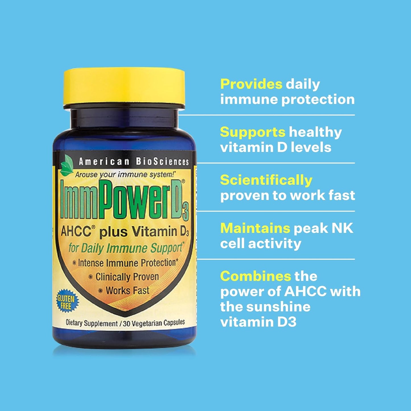 Immune System Support: American BioSciences AHCC Mushroom Extract with Vitamin D3 - 30 Capsules, 500mg AHCC - Boosts Cytokine Function