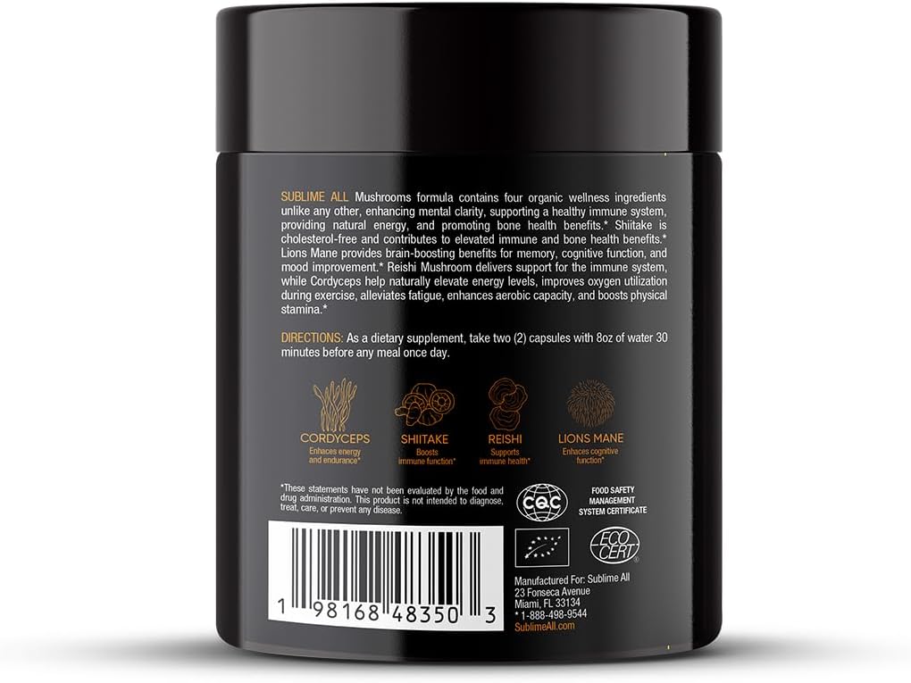 Immune System Support Dietary Supplement with Cordyceps, Reishi, Shiitake & Lions Mane - 90 Capsules, 45g