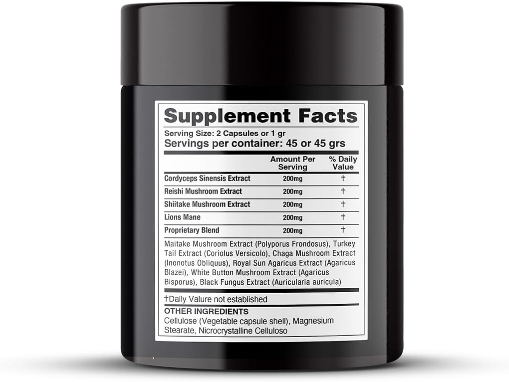 Immune System Support Dietary Supplement with Cordyceps, Reishi, Shiitake & Lions Mane - 90 Capsules, 45g