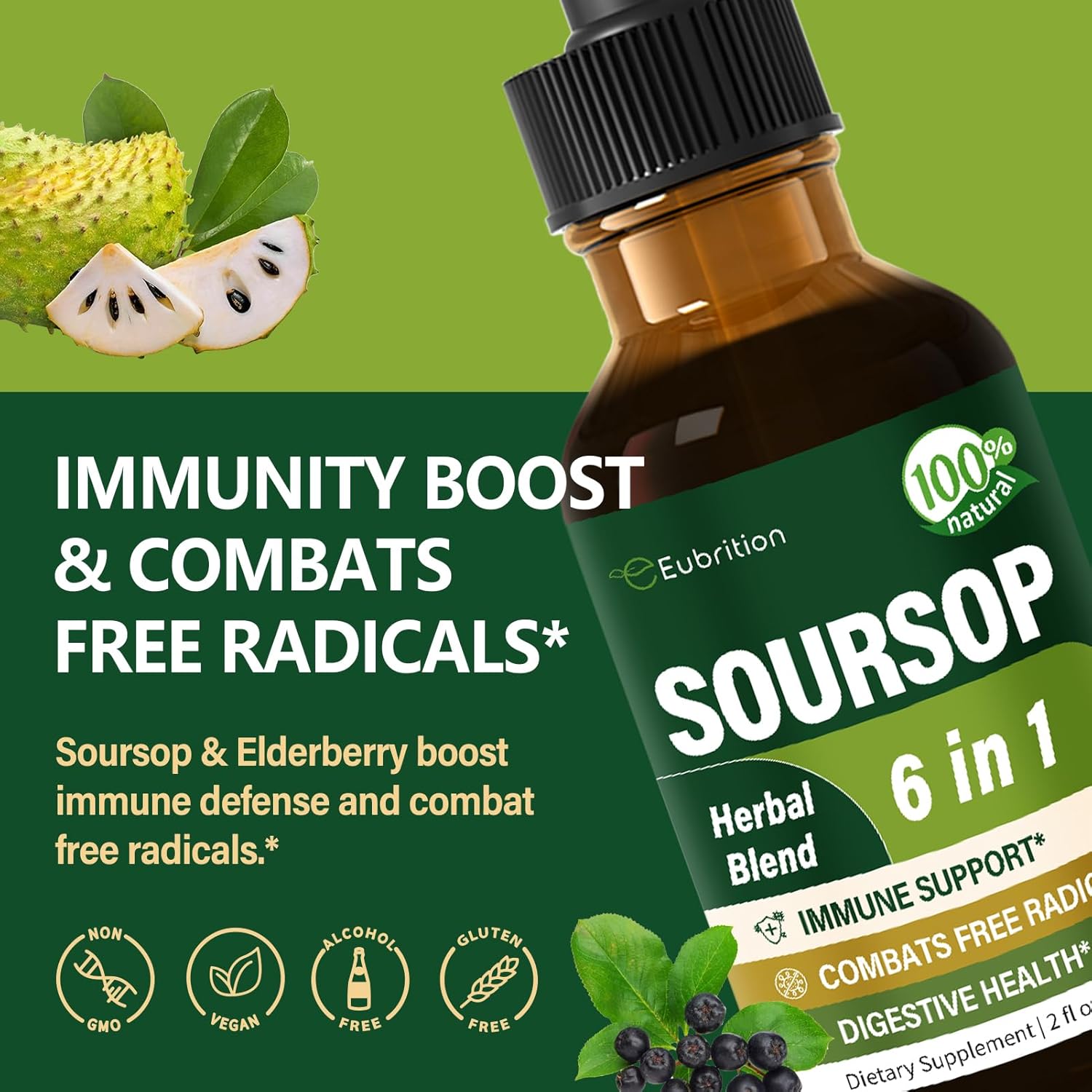 Immune System Support Drops with Soursop Leaves & Fruit Extract, Graviola Supplement with Reishi & Vitamin B6 for Digestive Health, Rich in Nutrients - 2oz