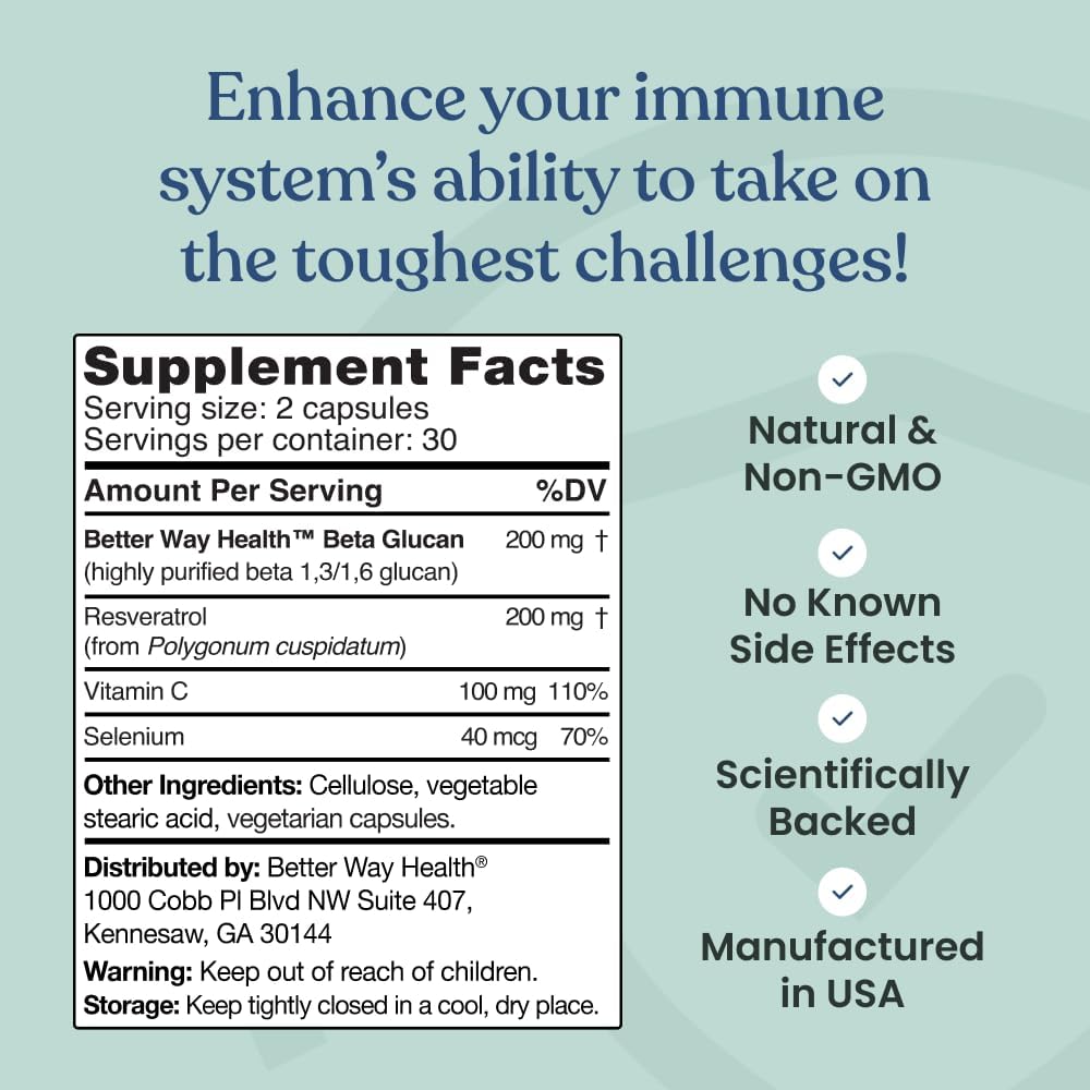 Immune System Support Supplement with Beta Glucan, Vitamin C, Resveratrol, and Selenium - 60 Capsules