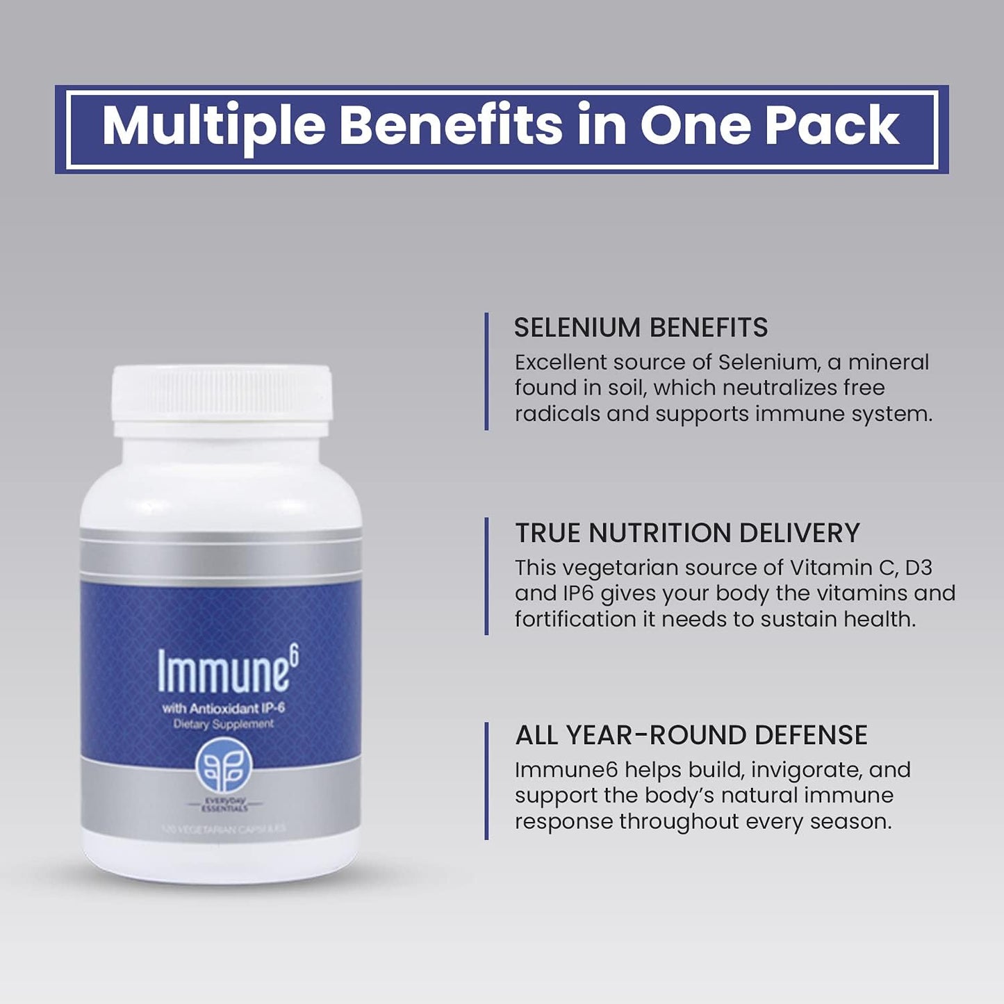 Immune6 Supplement - 120 Capsules with IP6, Selenium, Iron, Vitamin C & D3 for Immune Support. Boost Immunity with Pure Multi Vitamin Formula.