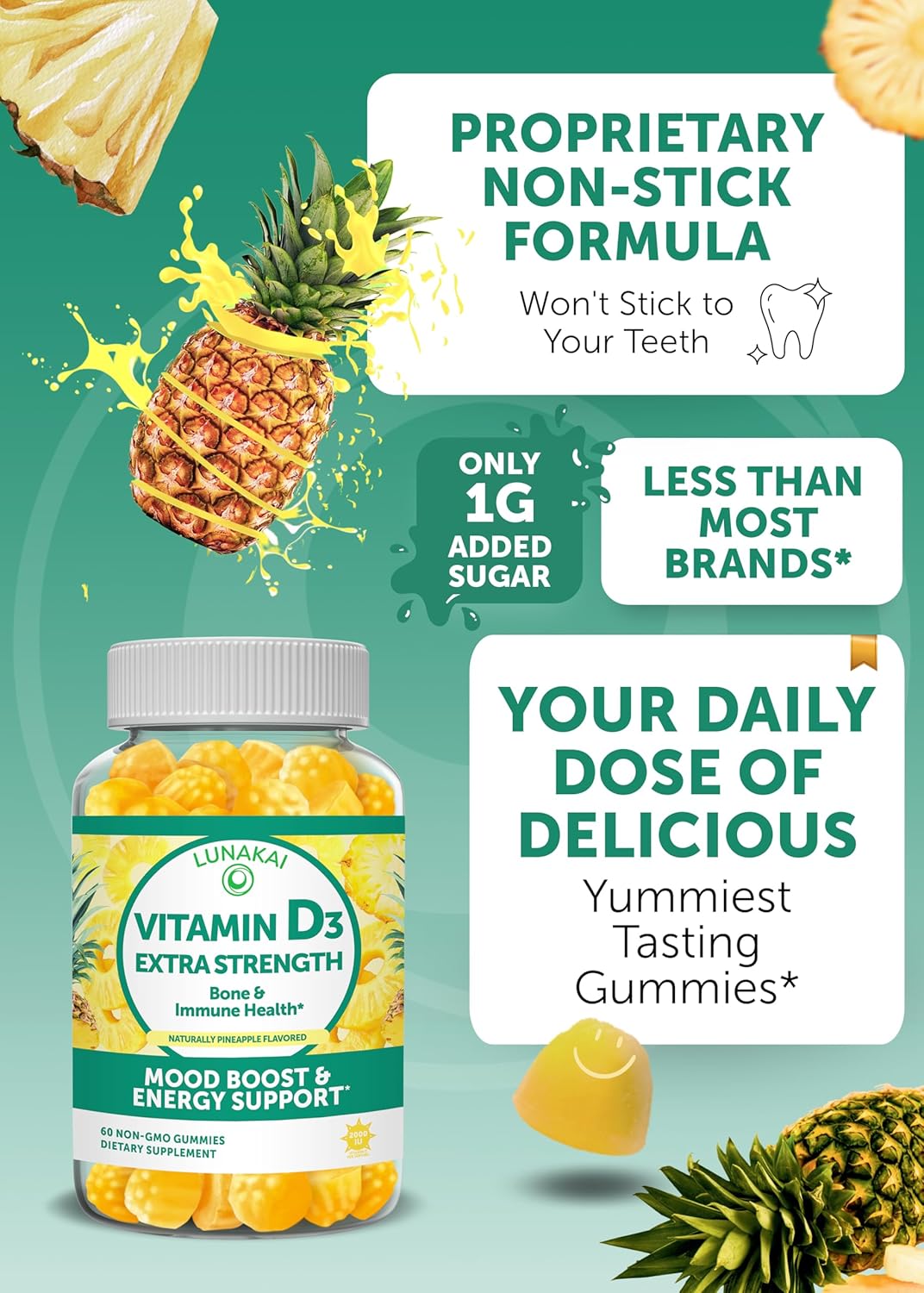 Immunity, Bone, and Mood Support Gummy Bundle with Vitamin D3 and E - 250mg 1000iu Natural Vitamin E + C Supplements