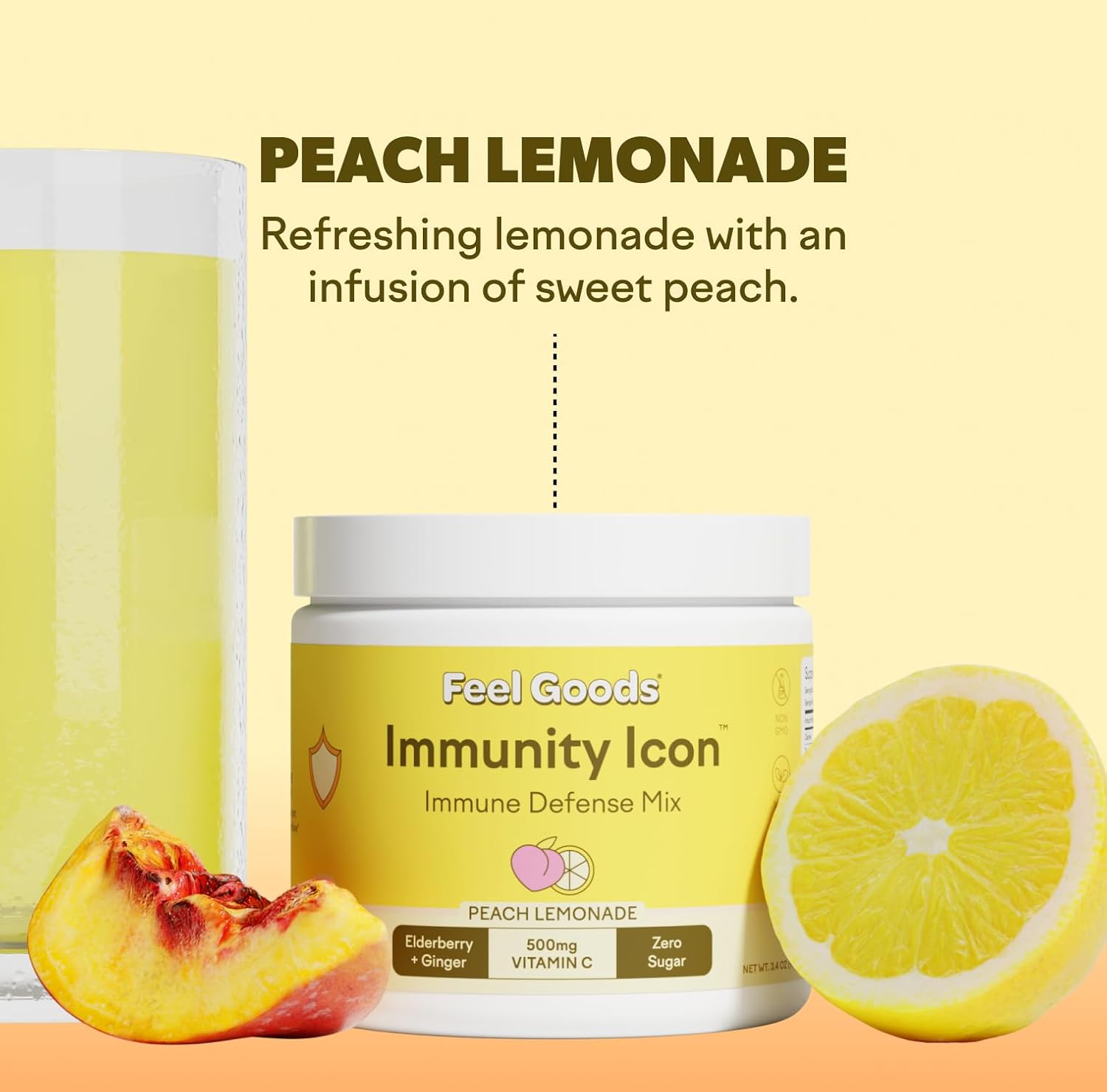 Immunity Boost Drink Mix Powder with Vitamin C, A, B, D, E & Zinc - Organic Elderberry, Ashwagandha, Zero Sugar, Vegan, Non GMO - Peach Lemonade Flavor, 30 Servings