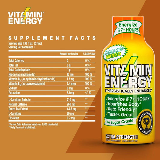 Immunity-Boosting Mango Energy Shots | Natural Nutrients for Energy & Immune Support | Sugar & Carb-Free | 7+ Hours of Energy | 1.93 fl oz - Pack of 48