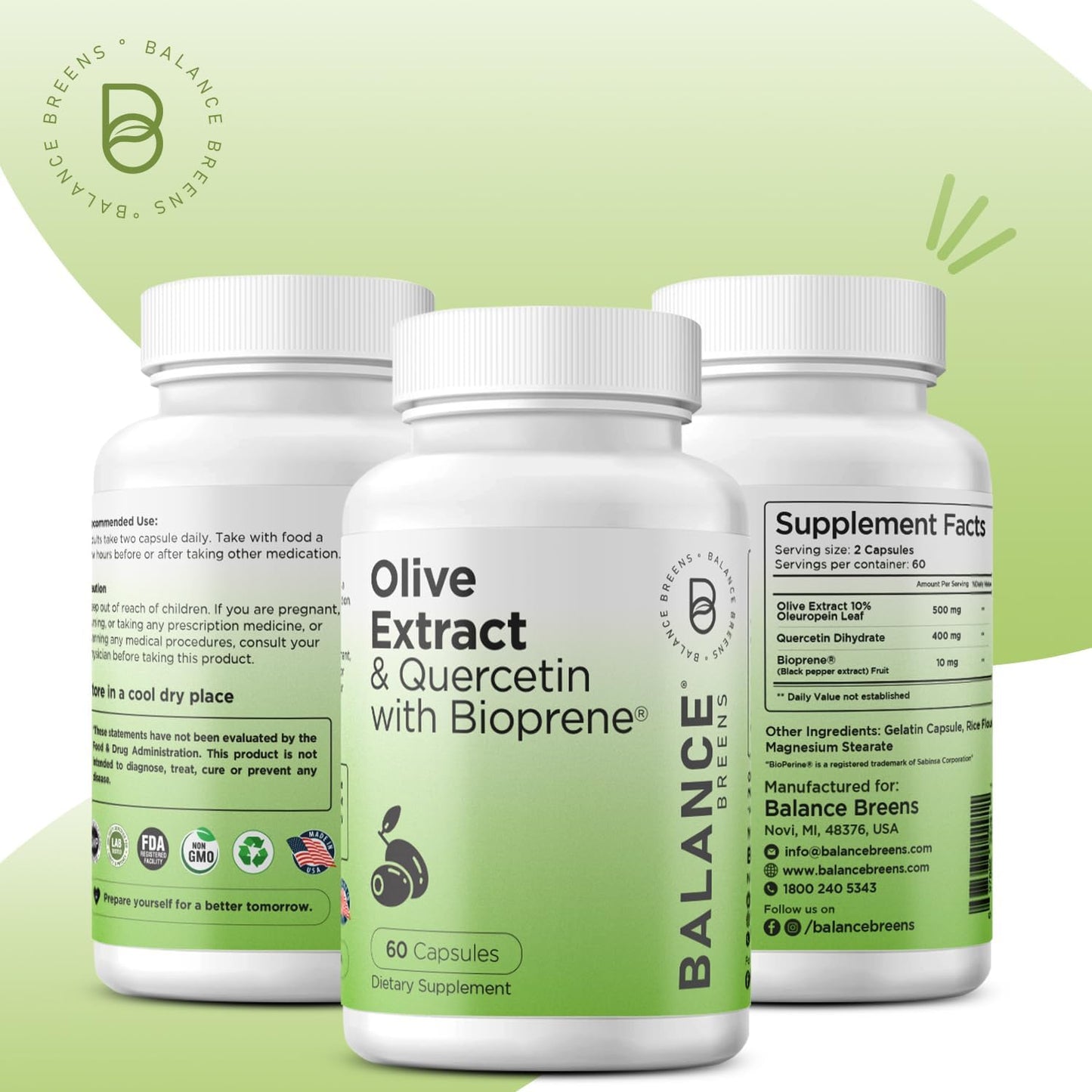 Immunity Boosting Olive Leaf Extract & Quercetin Capsules with Bioperine - 60 Count