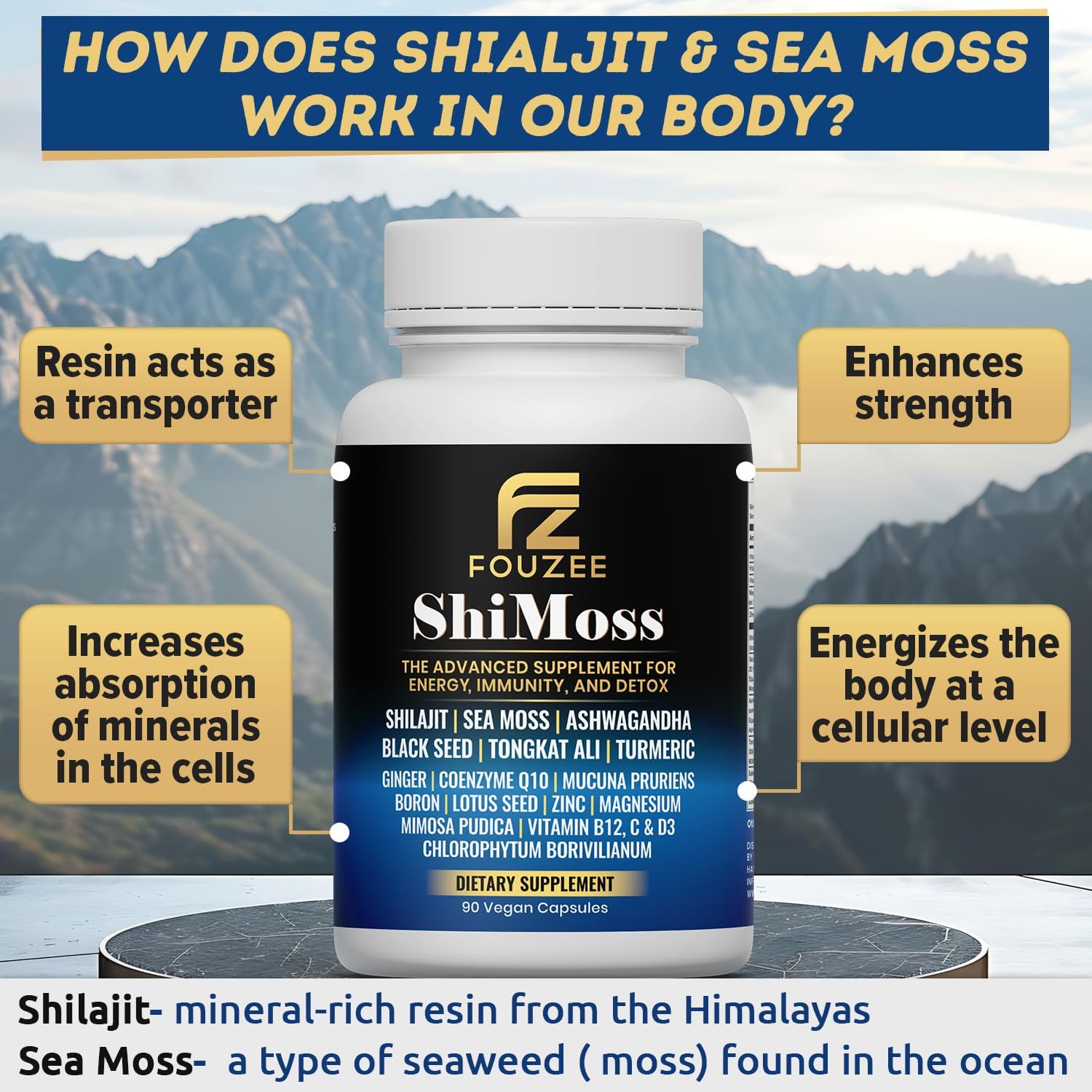 Immunity Boosting ShiMoss Supplement Capsules with Shilajit, Sea Moss, Ashwagandha, Tongkat Ali, Vitamins, and Minerals for Men & Women - 90 Count